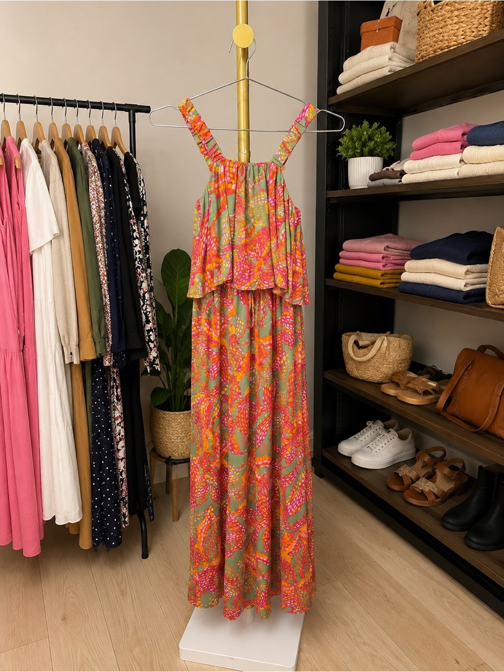Japna Pink Green Orange Floral Tiered Maxi Dress